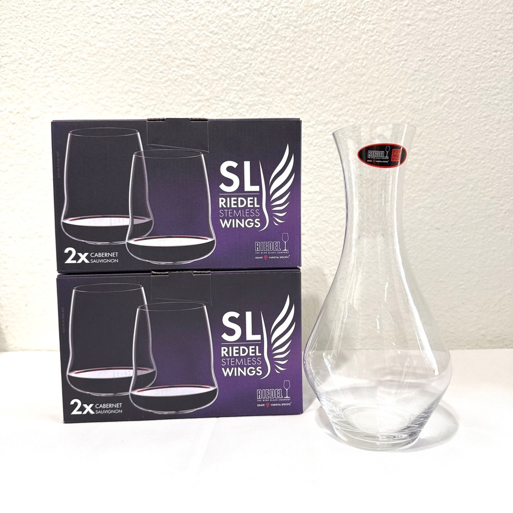NEW Riedel SL Stemless Wings Cabernet Wine Glass Set of 4 with Decanter Crystal